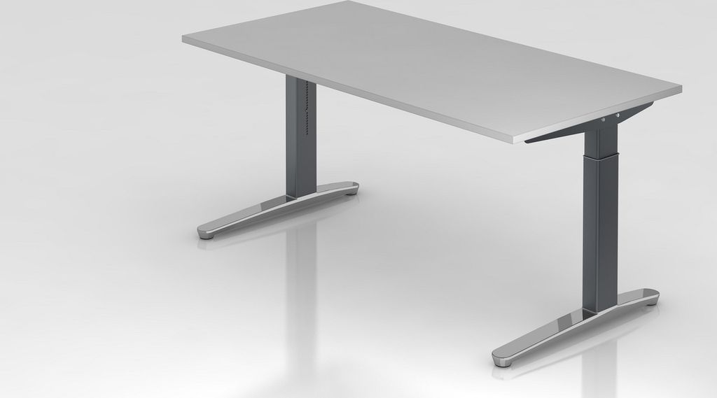Schreibtisch Mika | Grau | Graues Gestell poliert | BxT 160x80cm | Arbeitshöhe 65-85cm | höhenjustierbar, 1cm Raster | C-Fuß-Gestell | Rechteckform