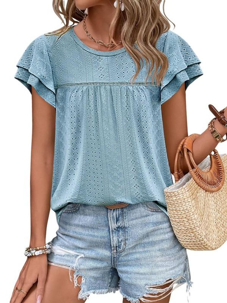 Sommerliches Babydoll-Top für Damen mit Rundhalsausschnitt, Rüschenärmeln und Cut-outs,Größe:XL