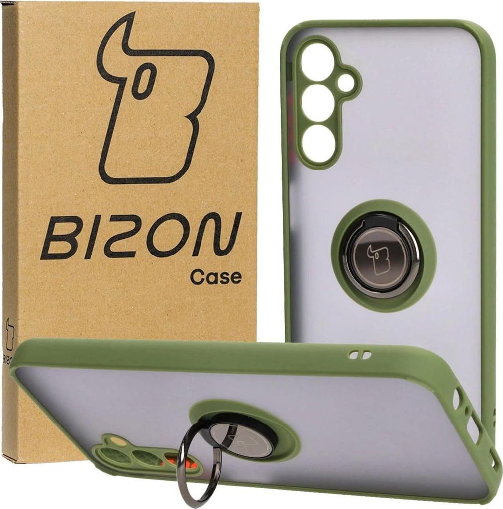 Bizon Case Hybrid Ring Fingerringhülle für Galaxy M14 5G, Rauch mit grünem Rahmen