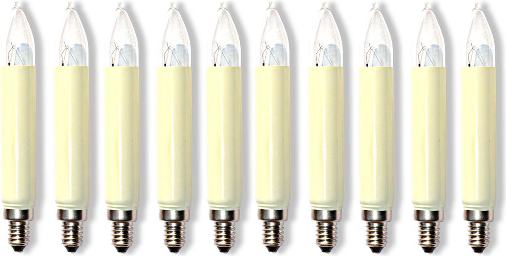 A row of ten candle-shaped light bulbs.
