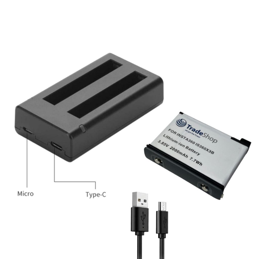 Trade-Shop 2in1 Set: Akku + USB-C Doppel Dual LED Ladegerät inkl. Micro-USB-Kabel kompatibel mit Insta360 CINAQBT/A IS360X3B für ONE X3 Kamera