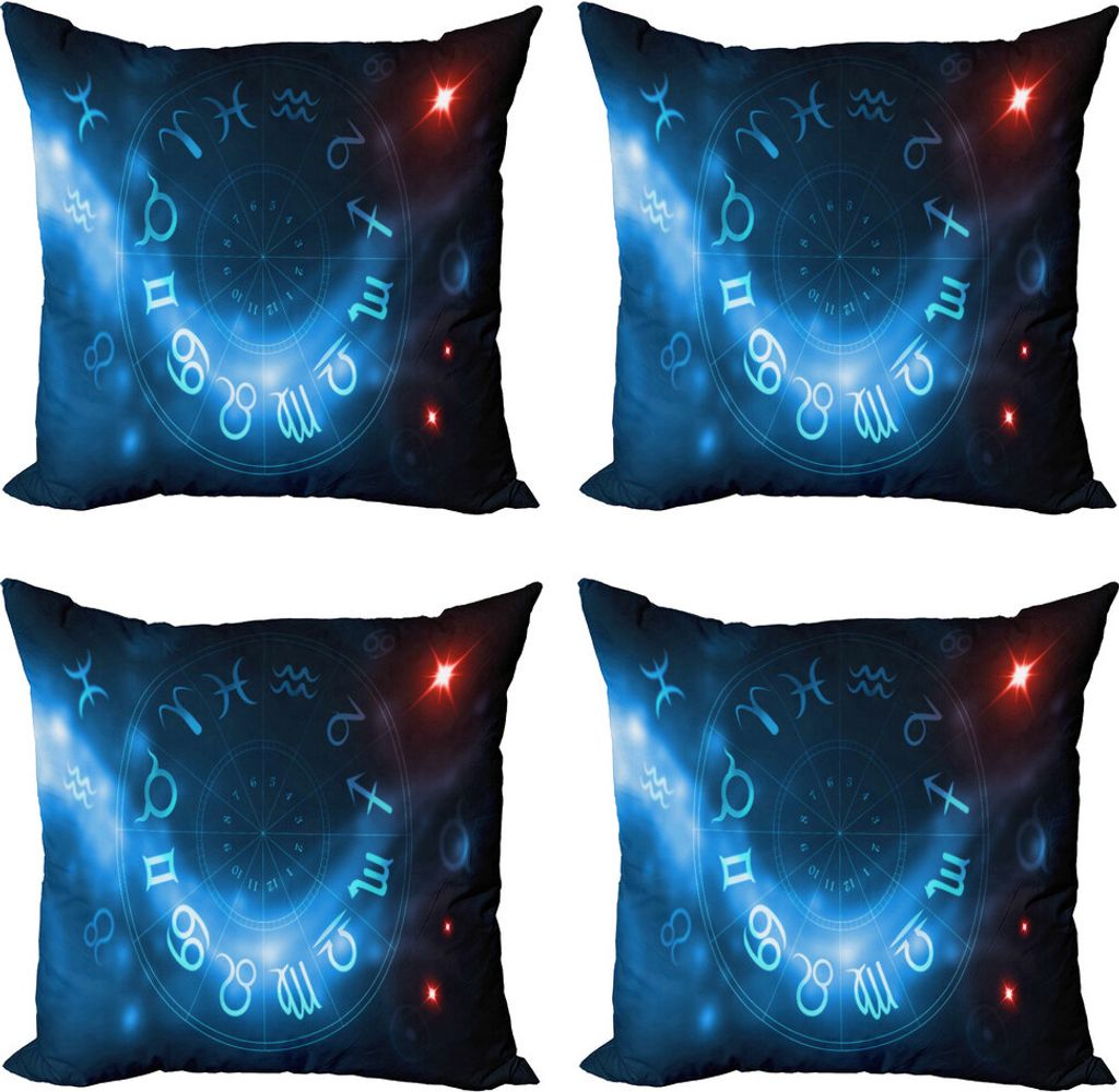 ABAKUHAUS Astrologie Kissenbezug Set (4 Stück), Zeichen Jungfrau Skorpion, Moderner Doppelseitiger Digitaldruck, 40 cm x 40 cm, Blau Weiß und Rot