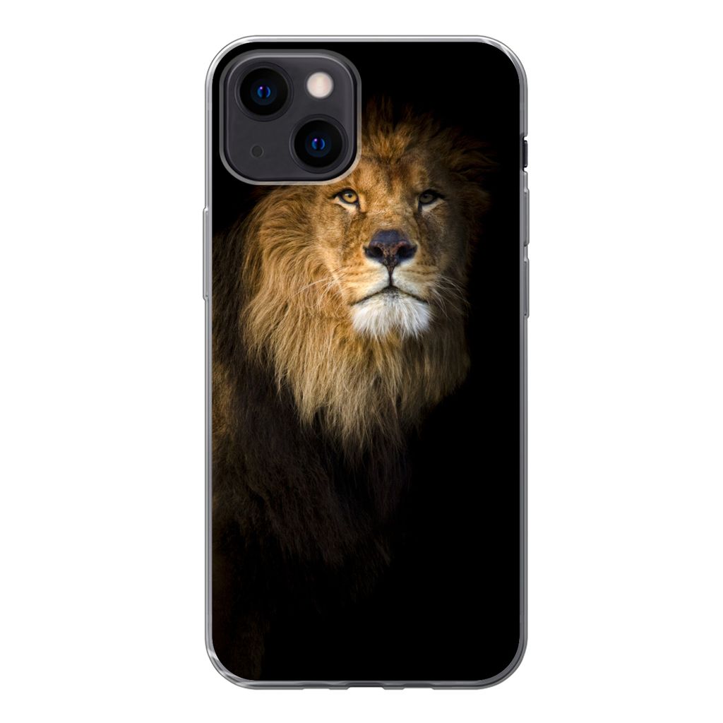 MuchoWow Handyhülle Schutzhülle Hülle für iPhone 13 mini Löwe - Licht - Schwarz - Porträt Silikon Softcase Handy Hülle - Softcase