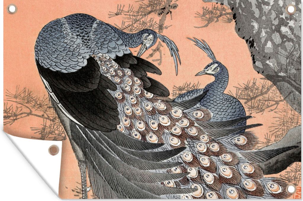 MuchoWow 120x80 cm Outdoor-Poster Gartendeko Sichtschutz Garten Poster für den Garten Vintage - Japandi - Pfau - Tiere