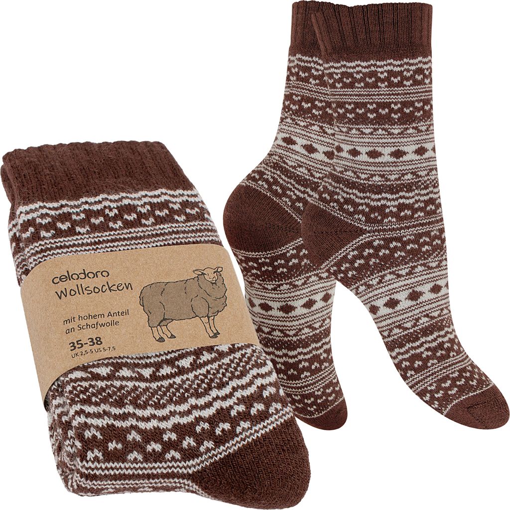Celodoro Damen & Herren Frottee-Wollsocken mit Muster (1 Paar) - Braun mit Creme 43-46