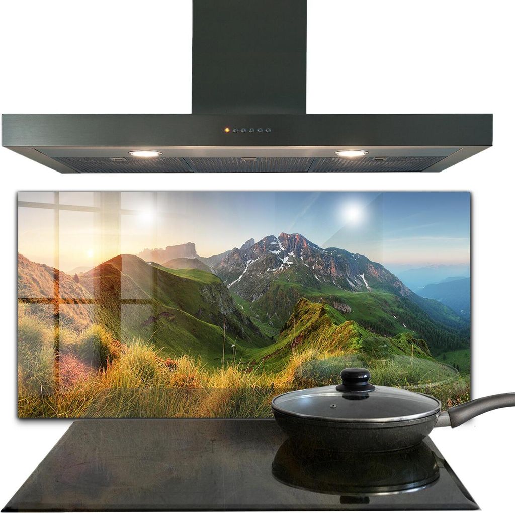 Spritzschutz aus Glas Küchenrückwand - Wandschutz für Herd und Spüle - 140x70 cm - Bergwiese Sonnenaufgang