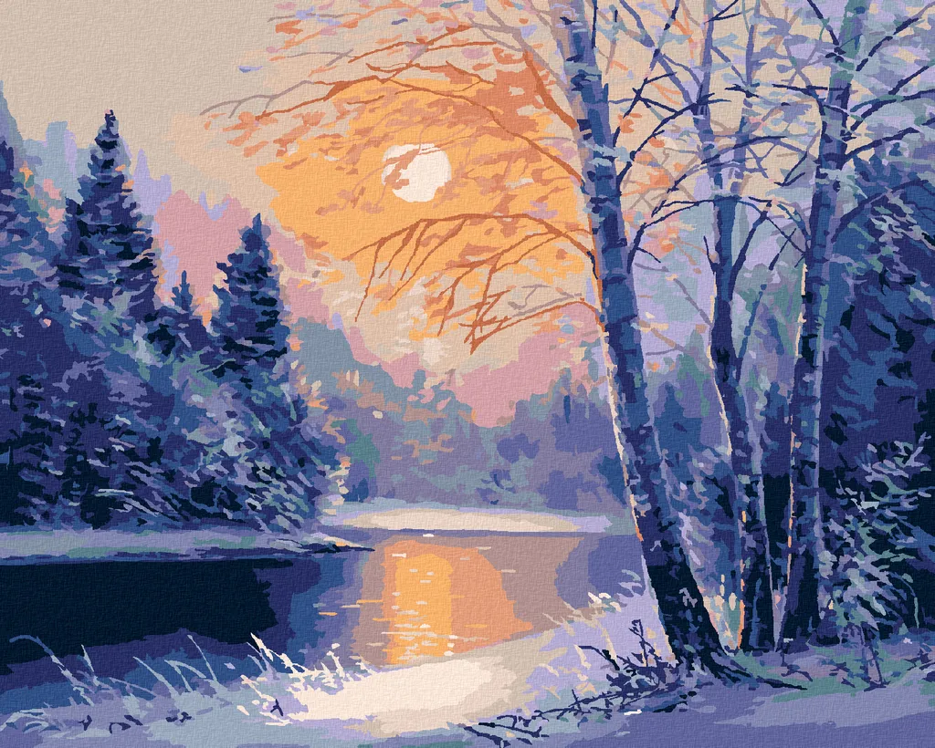 Zuty - Pittura con diamanti - FIUME INVERNALE E ALBERI SPOGLI, 40x50 cm, tela tesa su telaio