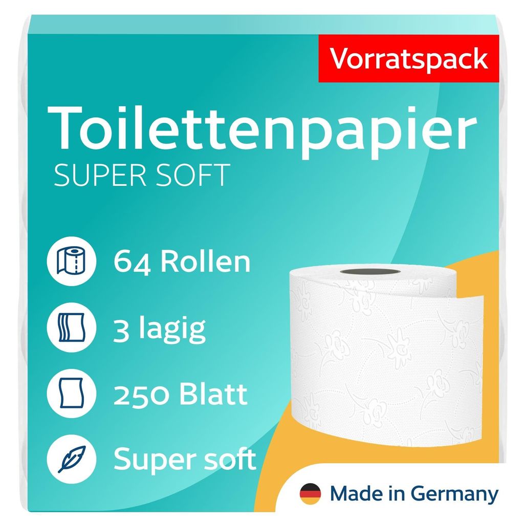 64 Rollen Toilettenpapier 3-lagig – 250 Blatt pro Rolle – Produktbild 