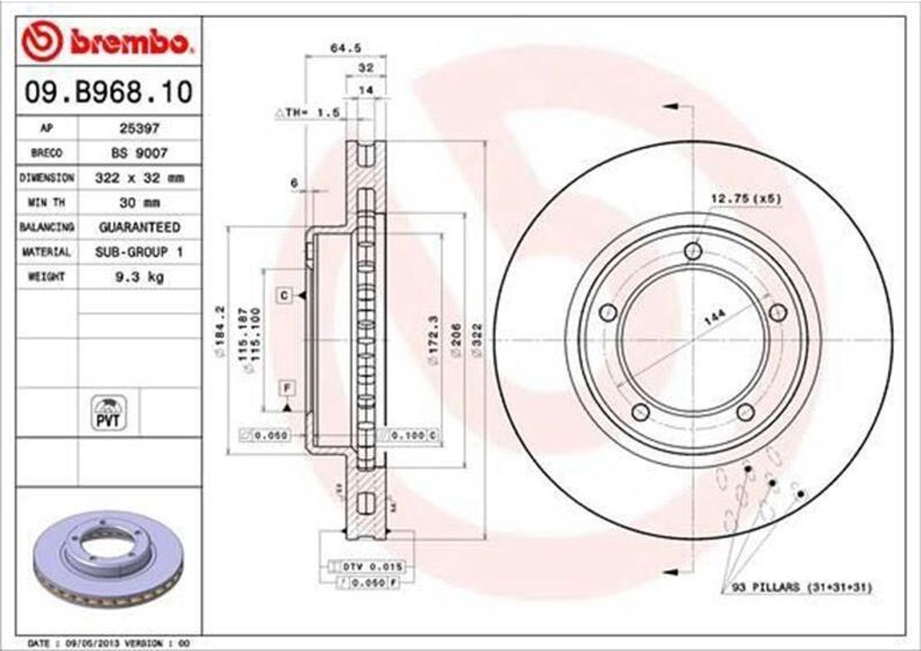 2x BREMBO Bremsscheibe 09.B968.11 für TOYOTA LAND CRUISER 100 (UZJ100) 65mm