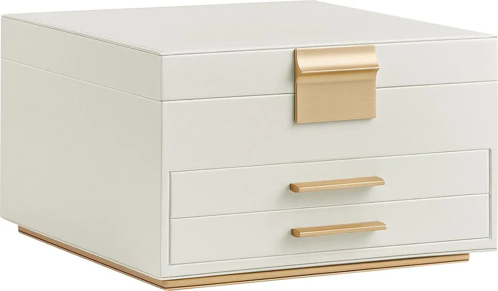 Coffret bijoux anti-nœuds 3 niveaux miroir blanc crème accents or