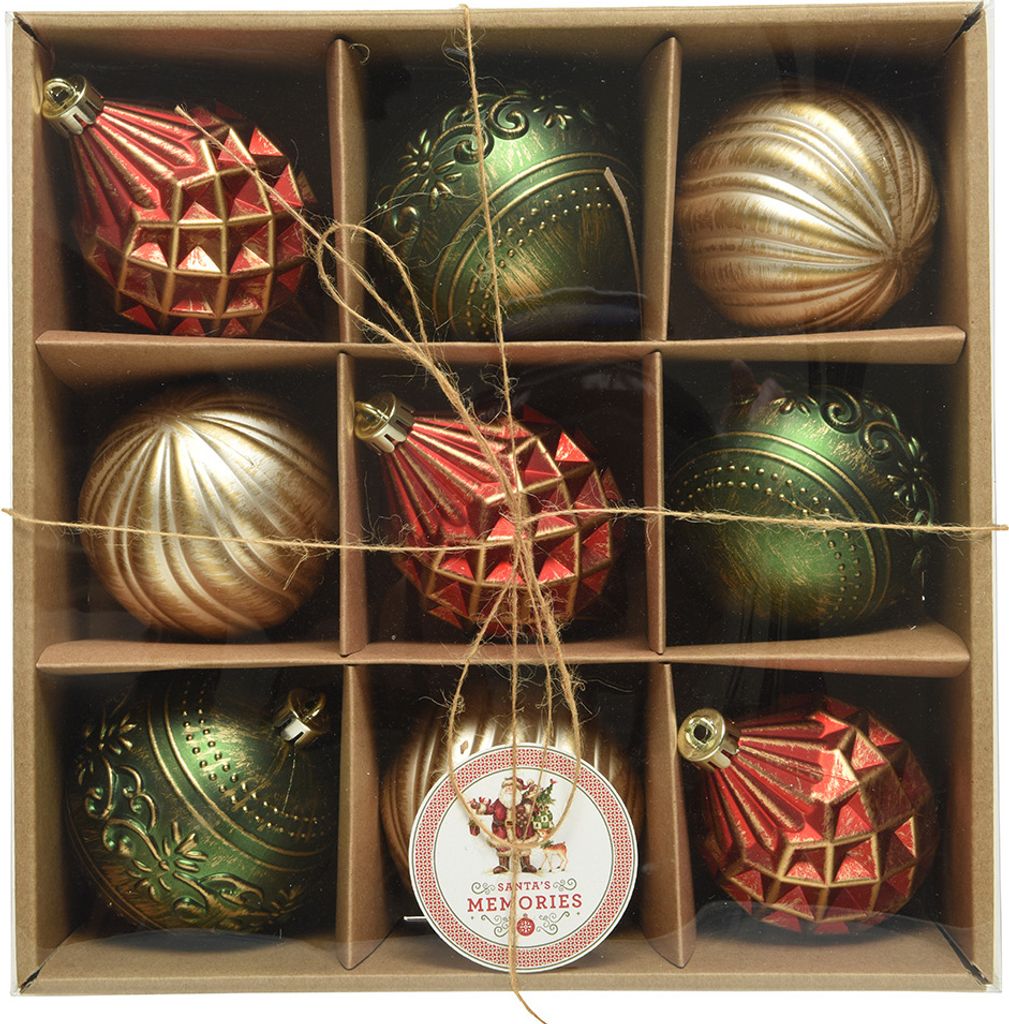 Weihnachtskugeln Kunststoff Vintage 8cm rot / gold / grün, Produktbild 