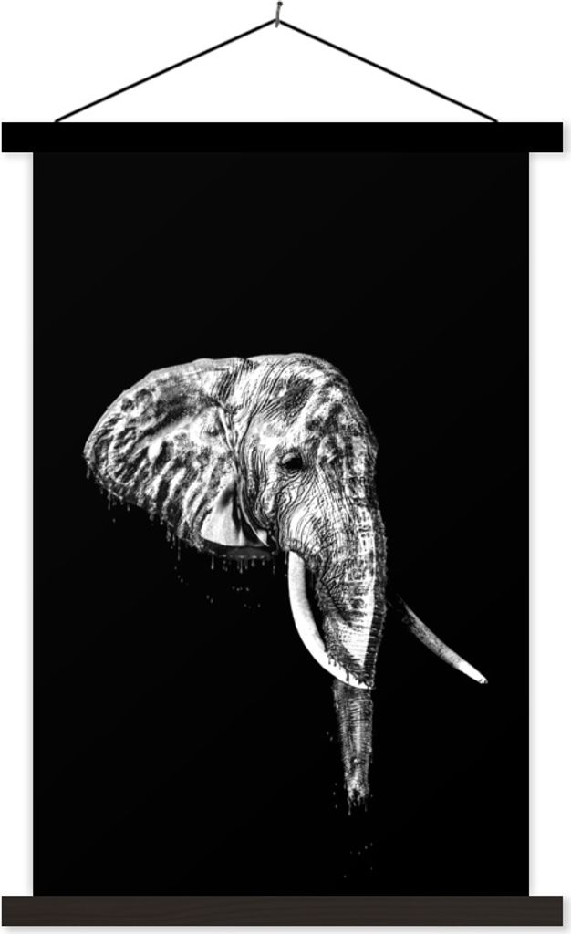 MuchoWow Textilposter Illustration Elefant vor schwarzem Hintergrund - schwarz und weiß 120x180 cm mit schwarzem Rahmen - Fotos