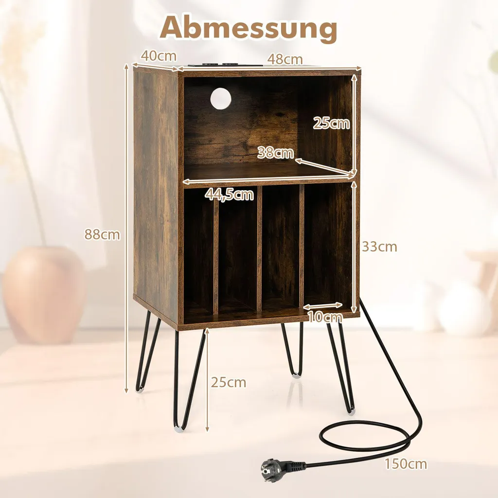 Meuble Vinyle Vintage Marron Rustique avec Étagère et Rangement Disque
