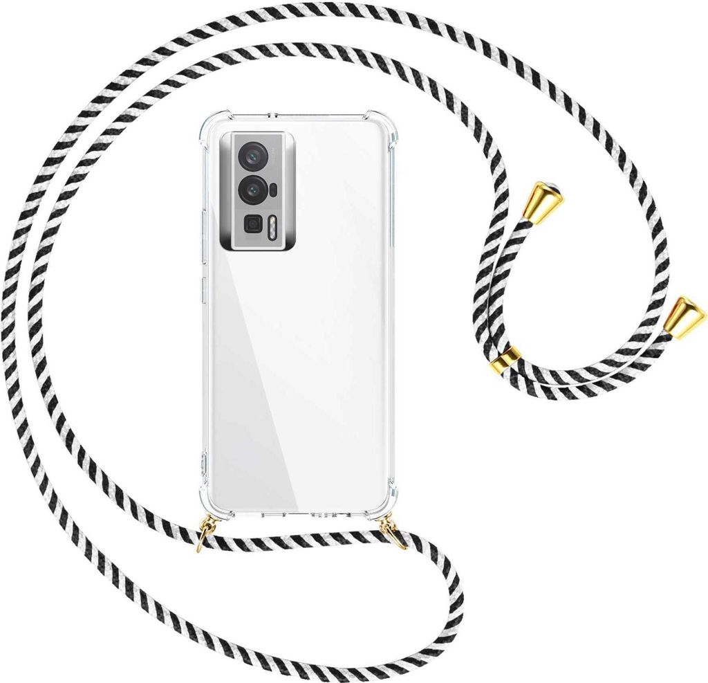 Handykette Backcover-Schutzhülle mit Band (Metall goldfarben) für Xiaomi Poco F5 Pro (6.67'') - schwarz/weiß gestreift