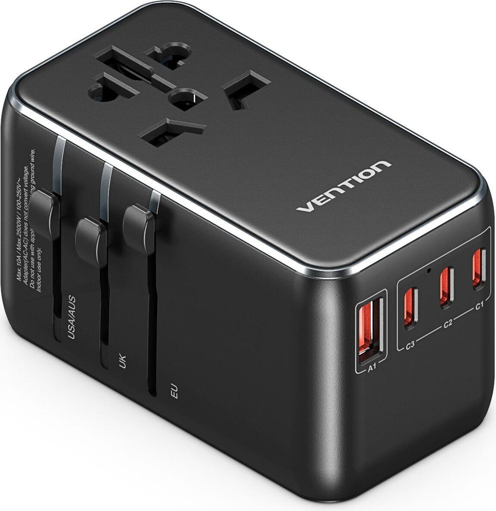 Vention 100W GaN Universal-Reiseadapter mit Ladegerät (1x USB-A, 3x USB-C), Schwarz
