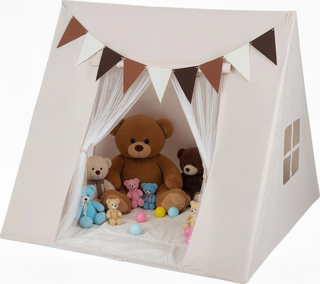COSTWAY Spielhaus Kinder, Tipi Zelt für 2-3 Kleinkinder, Kinderzelt mit Flaggen & abwaschbarem Matte, Spielzelt für Kinder ab 3 Jahren, Beige