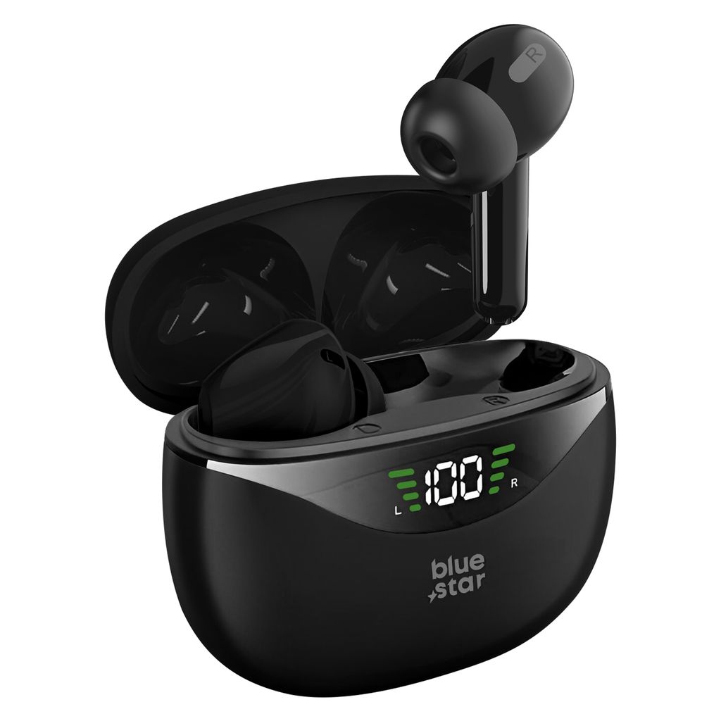 A pair of black wireless earbuds in an open charging case, with a digital display showing battery status.