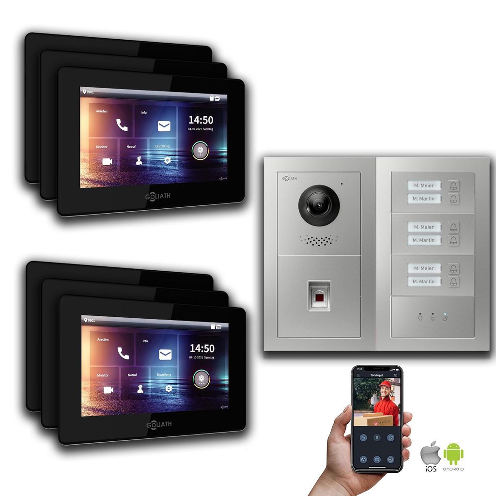 Goliath IP Video Türsprechanlage: 7-Zoll 6 Familienhaus, Fingerprint, Anzeige, Silber : Unterputzdose : 7 Zoll in Schwarz Monitor Auswahl: 7 Zoll ...