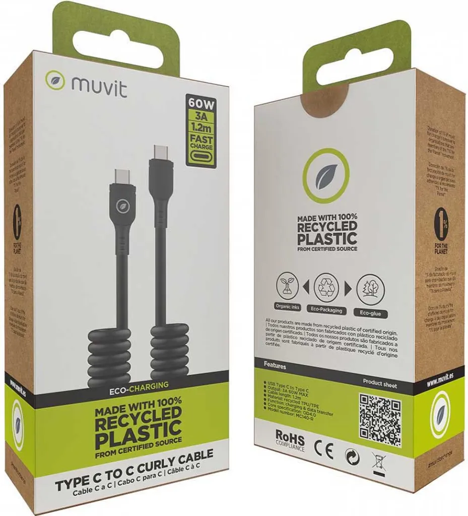 Muvit For Change 3a/60w 1,2 M Cavo da Usb-c a Usb-c nero Nero Taglia unica - 5