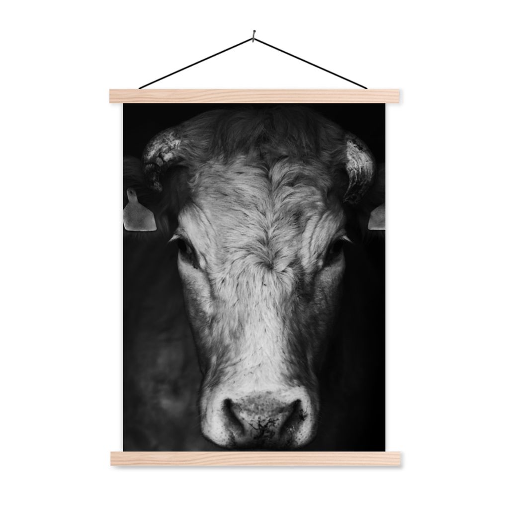 MuchoWow Textilposter Tiere - Kuh - Schwarz - Weiß - Kuhkopf 120x160 cm mit holzfarbenen Rahmen - Plakatkarton