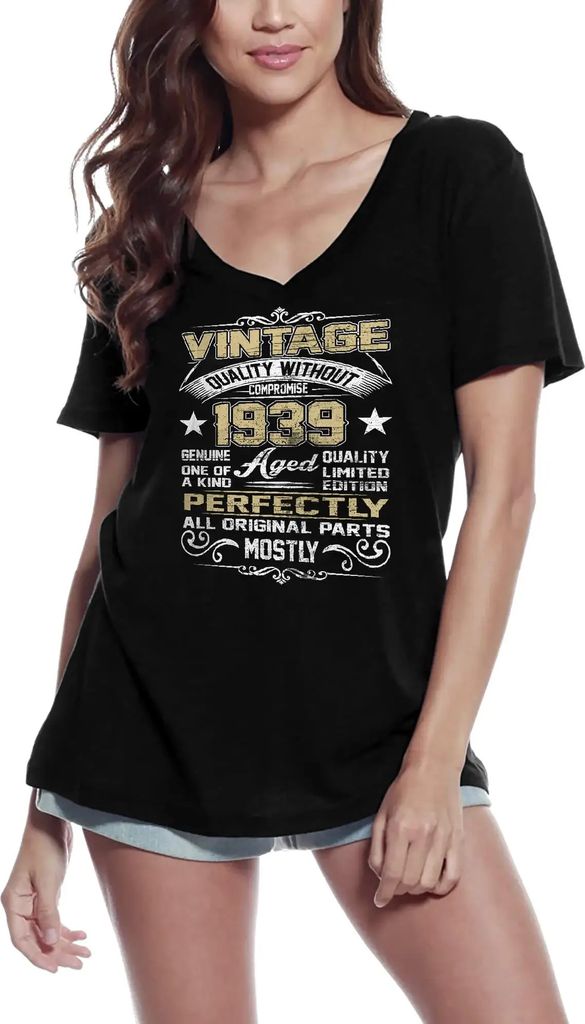 Damen Grafik T-Shirt V-Ausschnitt Jahrgang 1939 perfekt gealtert – Vintage 1939 Aged Perfectly – Geschenk 85. Geburtstag Jahrestag 85 Jahre Jub...