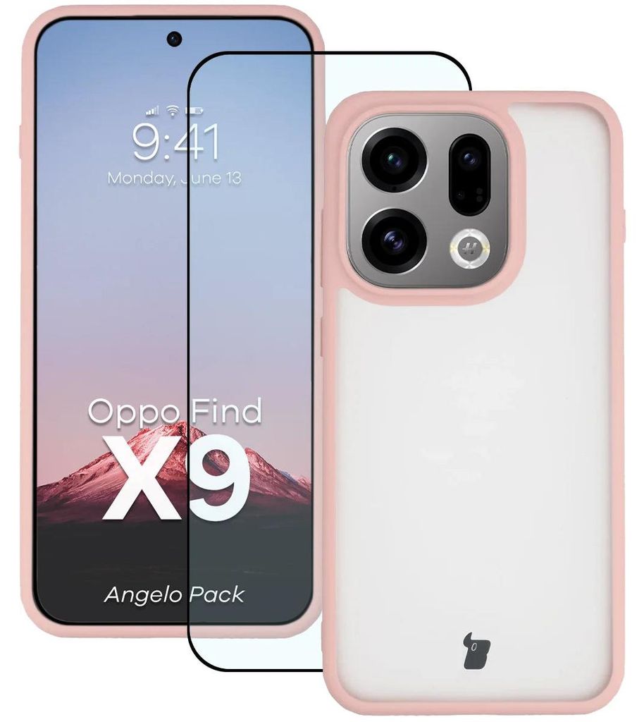 Schutzhülle + gehärtetem Glas für Oppo Find X9, Bizon Angelo Pack, Semitransparent mit hellrosem Rahmen