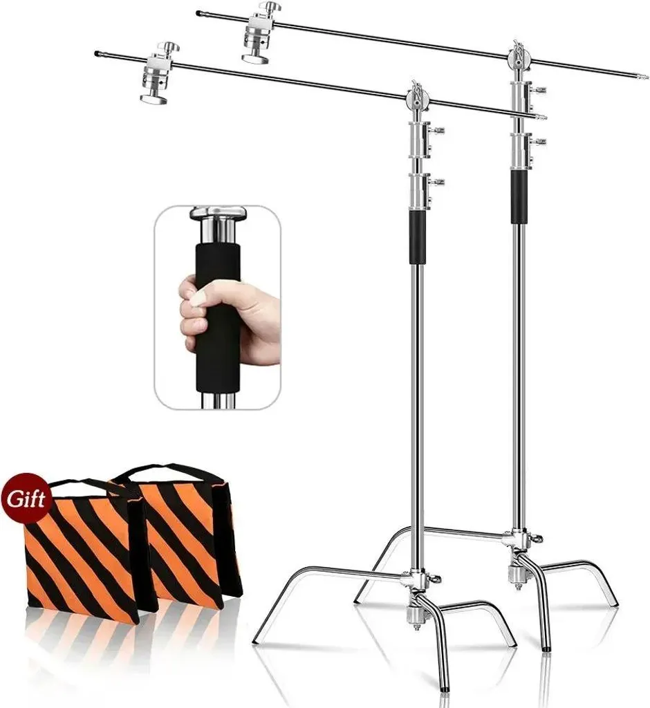 Pied de lumière poids lourd 2.6M argenté lot de 2 supports studio photo