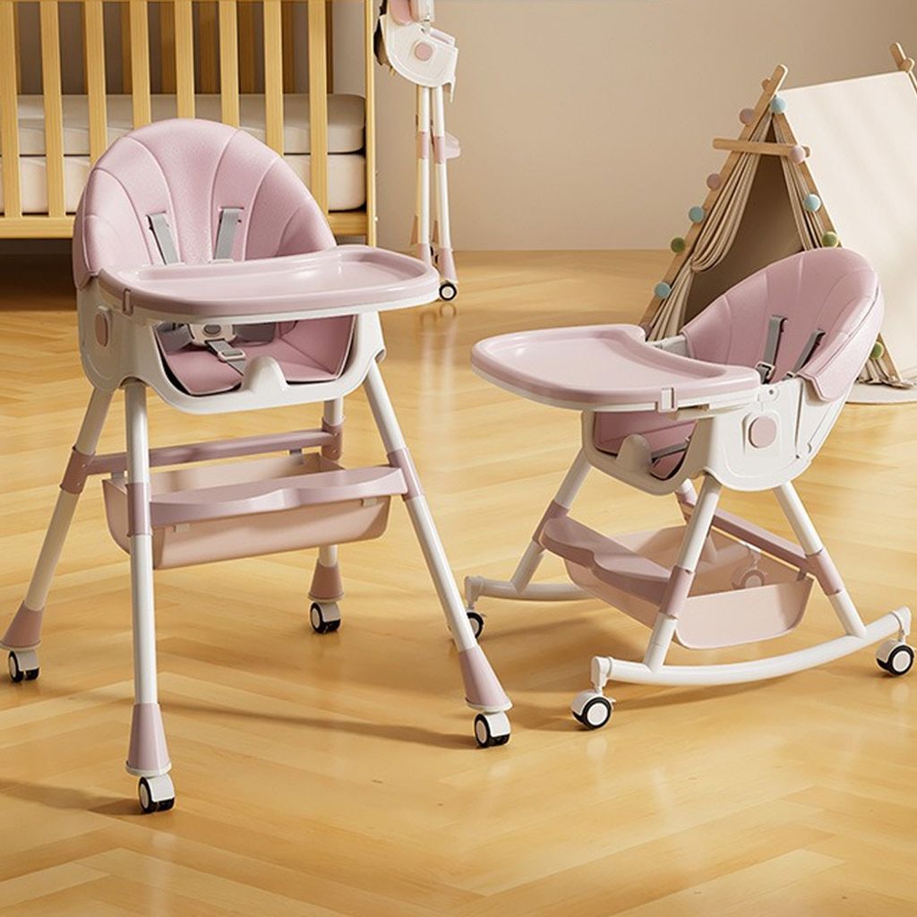 6 in1 Kinderhochstuhl mit Babyliege und Baby Schaukelstuhl, Verstellbar Klappbar Hochstuhl mit Essbrett und Rollen,Korb Rosa