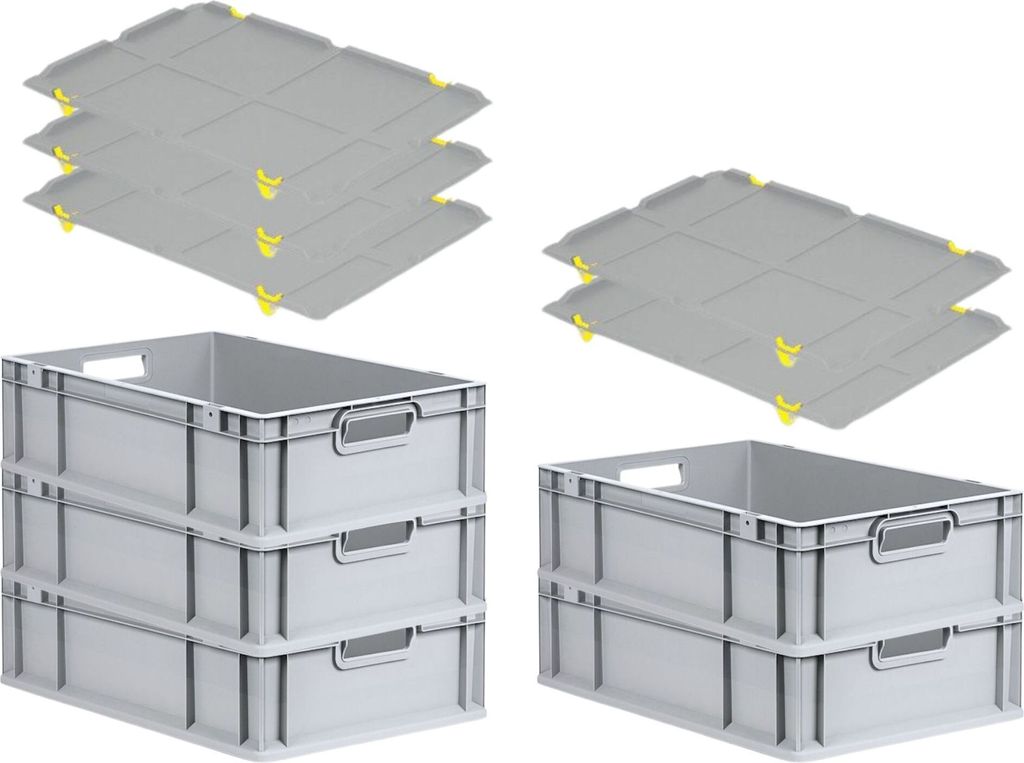 SuperSparSet 5x Eurobox NextGen Economy mit Auflagedeckel und 4x Schiebeschnappverschlüsse Gelb | Griffe offen | HxBxT 17x40x60cm | 34 Liter | Eur...
