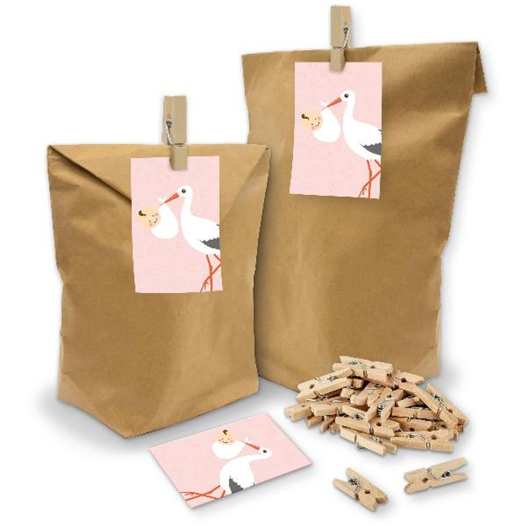 itenga SET Geschenktüten "Storch mit Baby" rosa 24x Tüten+Klammern+Kärtchen