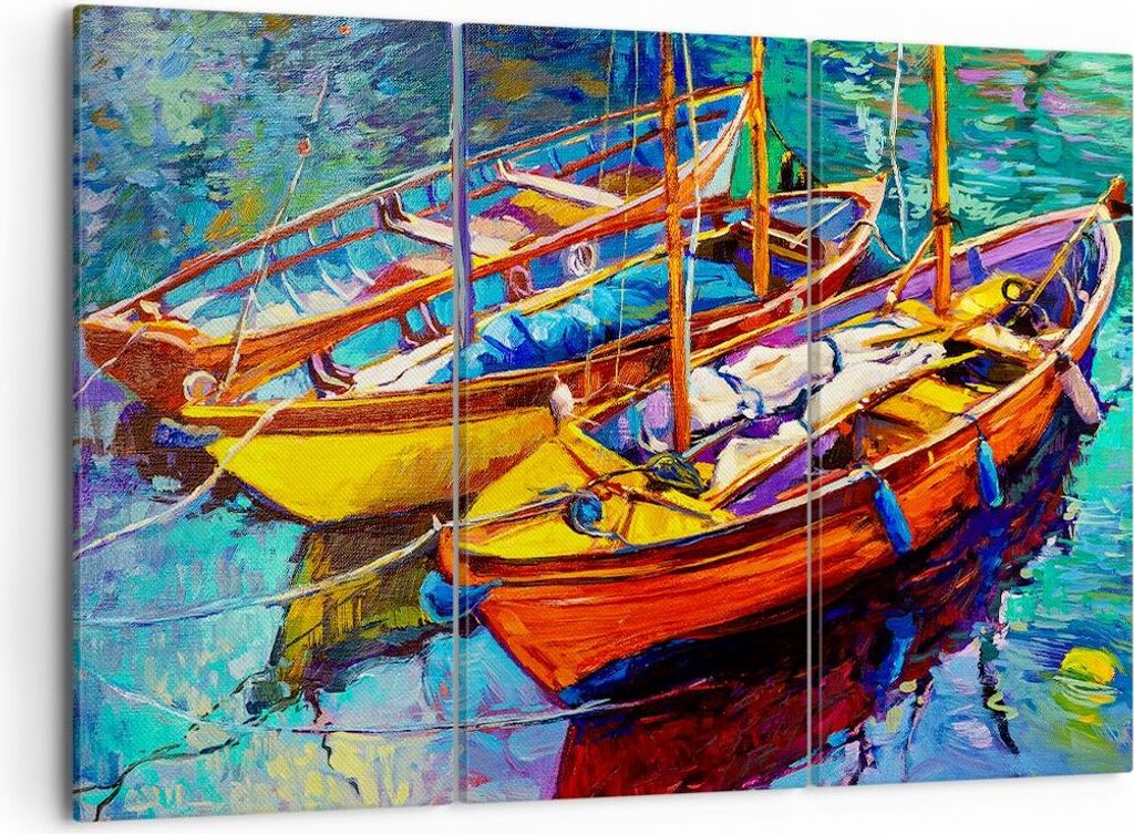 Bild auf Leinwand - Leinwandbild - Boote Bunt Angeln Wasser - 105x70cm - Wand Bild - Wanddeko - Leinwanddruck - Bilder - Kunstdruck - Wanddekoratio...