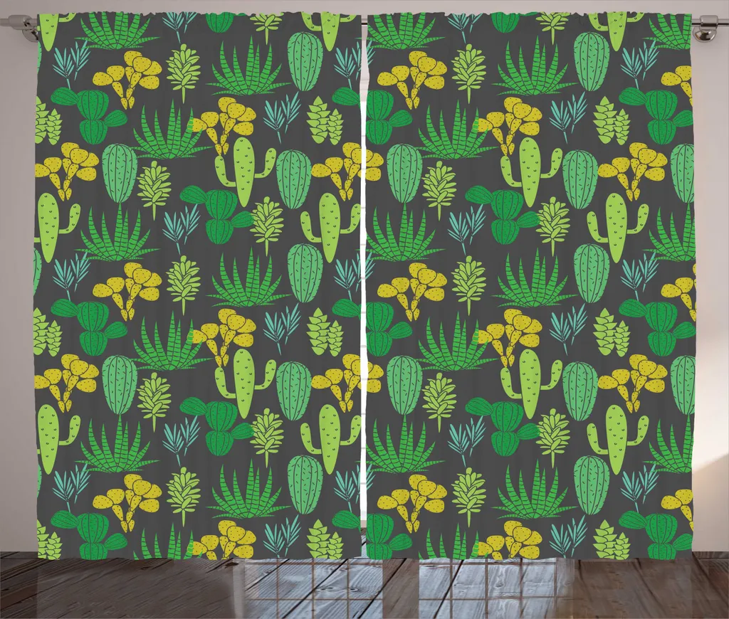 Rideau décoratif Cactus pour salon et séjour, 280x225 cm gris et vert