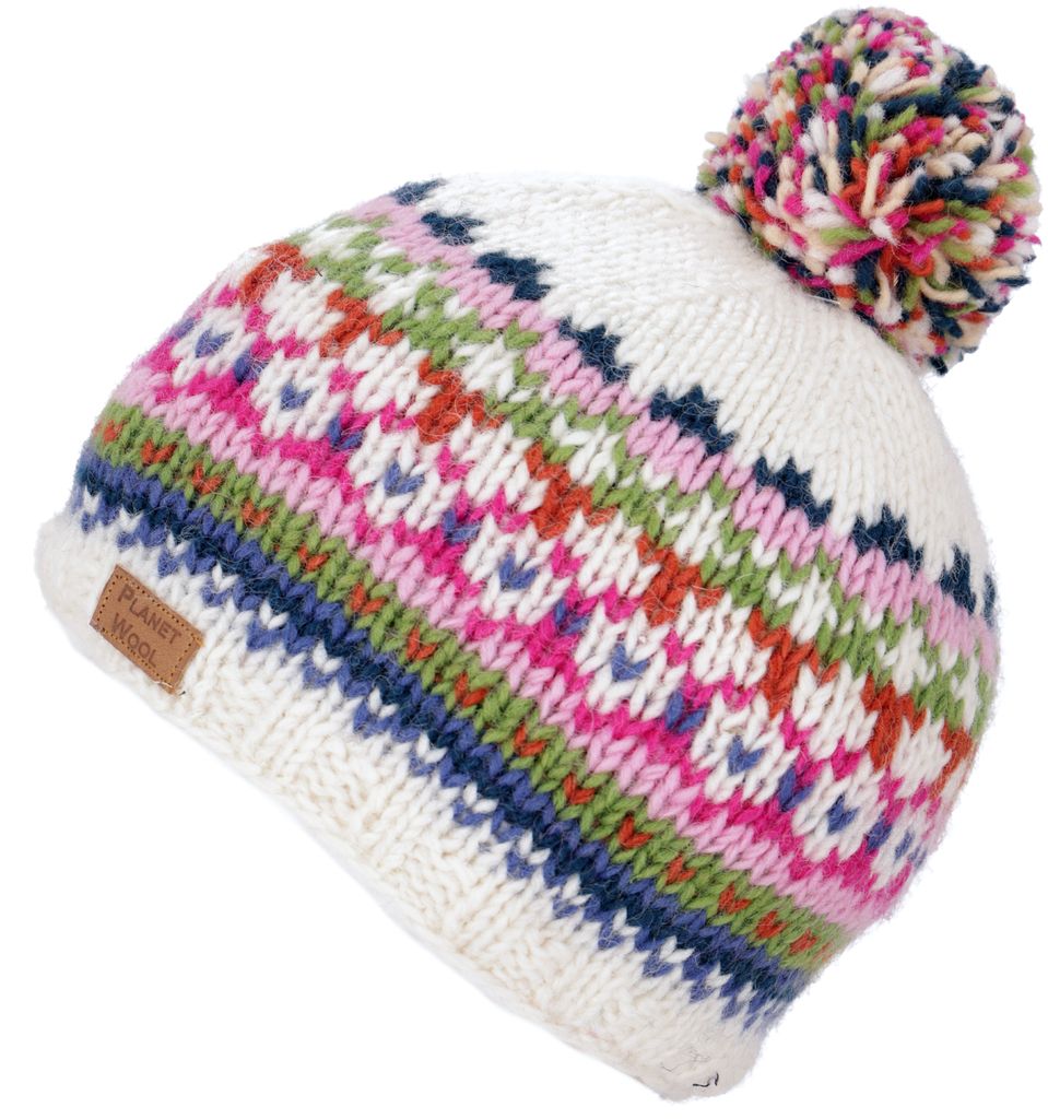 Bommelmütze aus Nepal, Mütze aus Schurwolle, Wintermütze - Weiß/rosa, Uni, Mützen