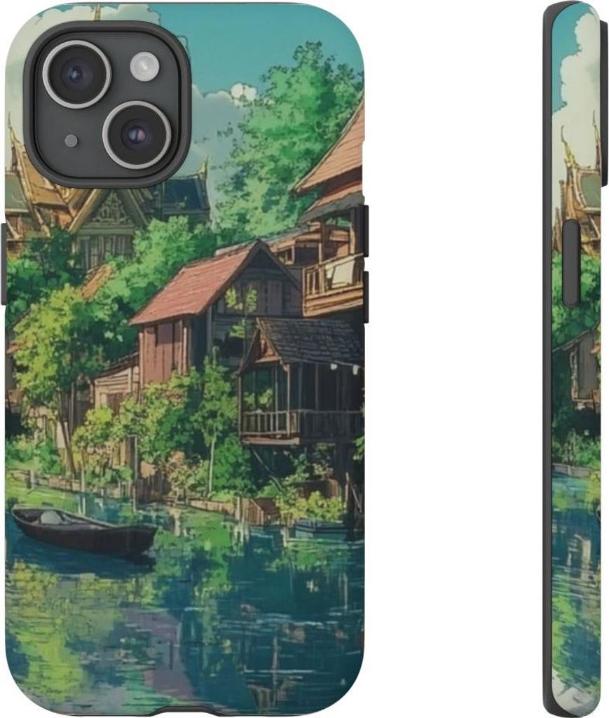 Idyllische Flusslandschaft mit traditionellen Häusern und Booten – Hülle Kompatibel mit iPhone 15