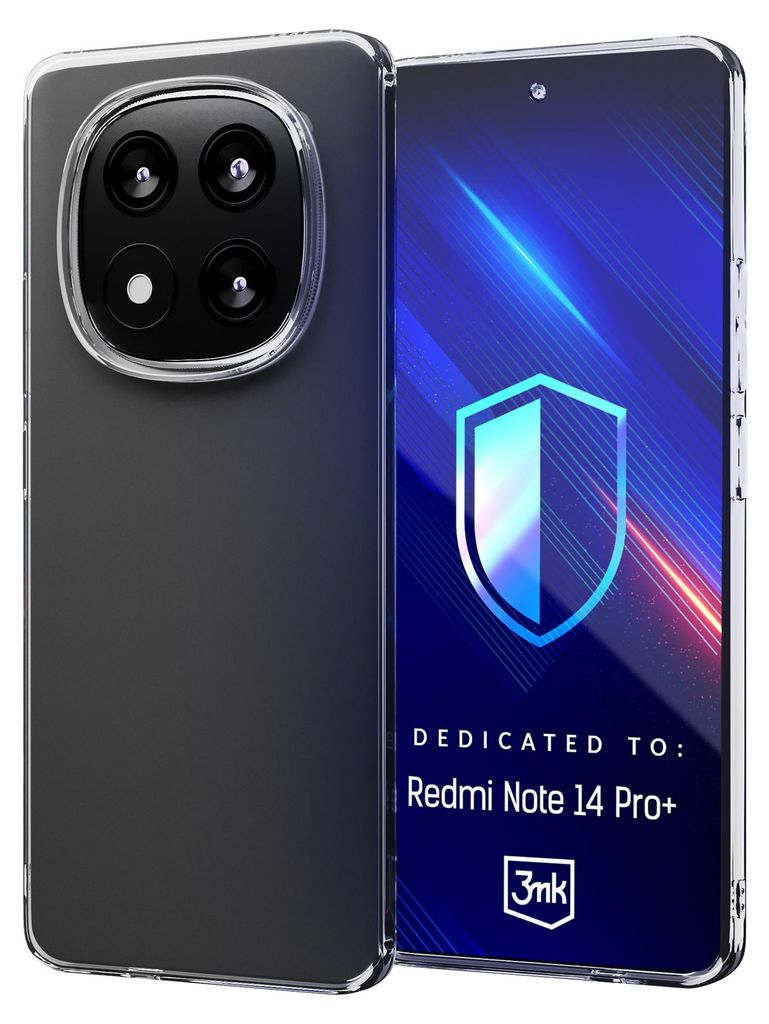 A clear phone case is shown next to a phone screen displaying marketing graphics.