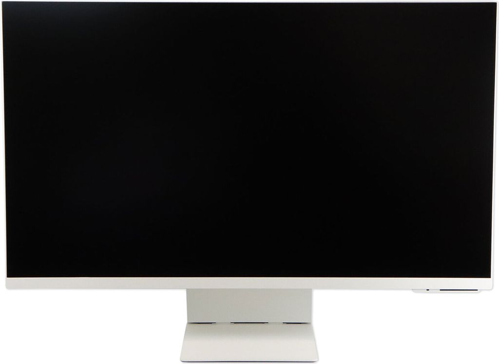 A white Samsung computer monitor with a black screen is shown against a white background.