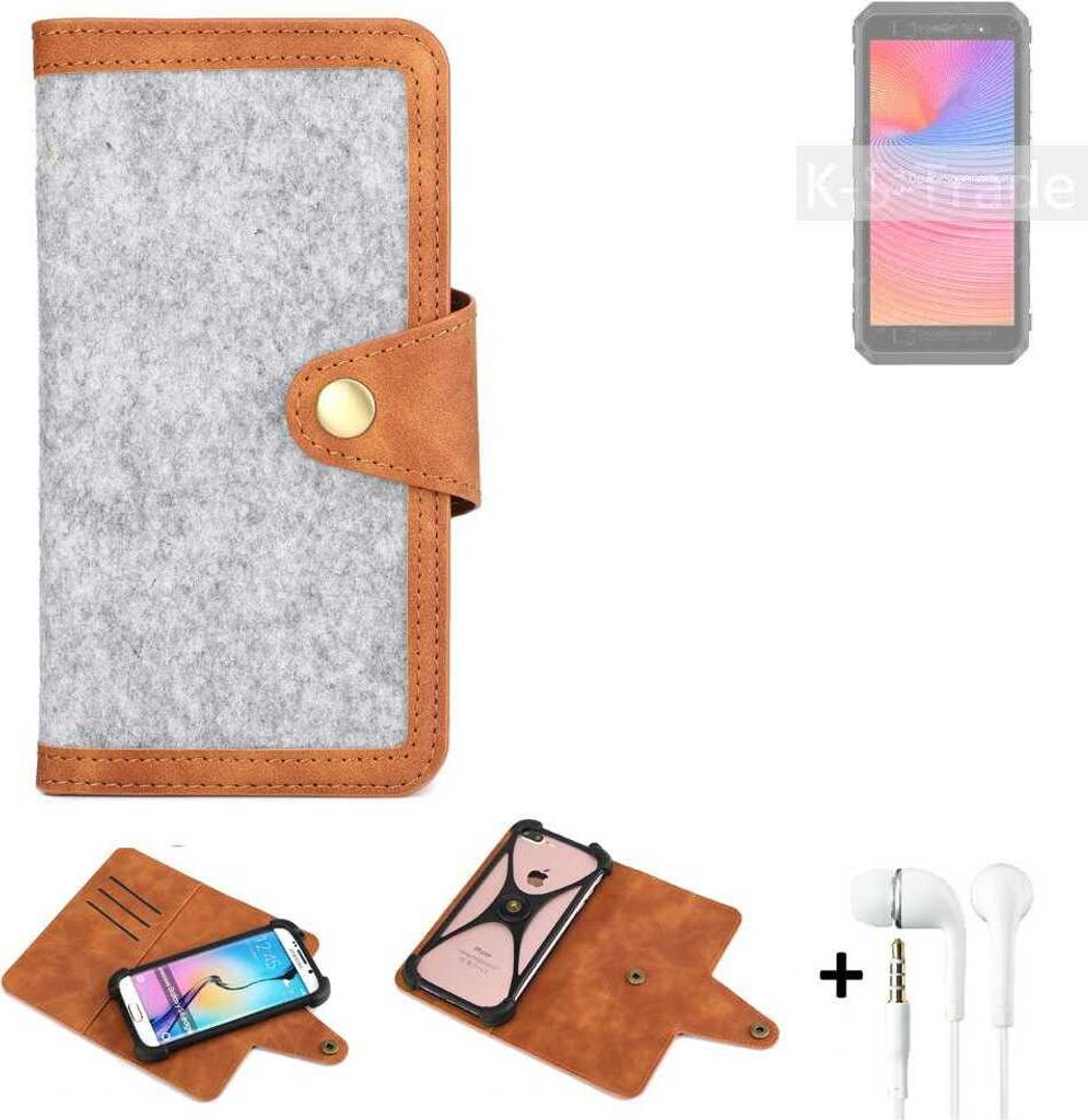 K-S-Trade Handyhülle + Kopfhörer kompatibel mit Ulefone Power Armor X11 Pro Schutzhülle Filz Hülle Kunstleder hellgrau braun (1x)