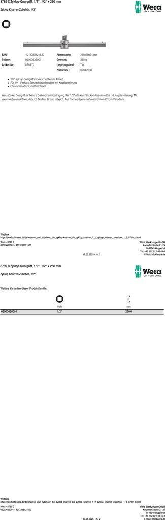 WERA Quergriff Zyklop 1/2" 250 mm Stahl