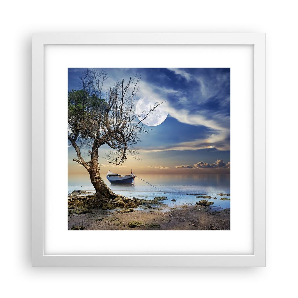 Gerahmtes Poster - Weißer Rahmen - Nacht Mond Boot - 30x30 cm - Wand Bild - Wanddeko - Wandbilder - Kunstposter - Wandposter - Bilderrahmen - Bild...
