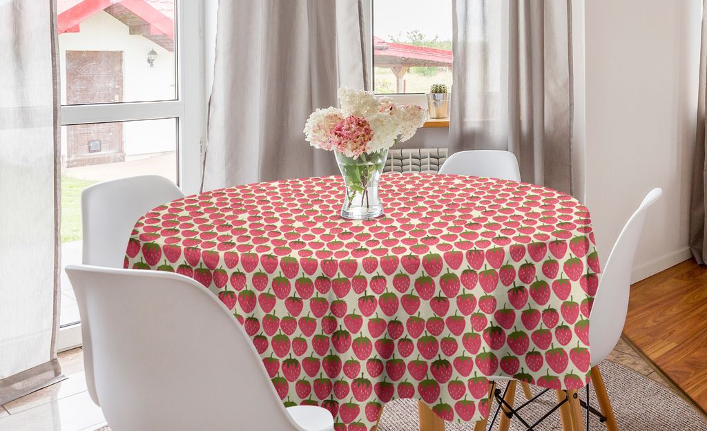 ABAKUHAUS Erdbeere Runde Tischdecke, Bio-Obst Doodles, Kreis Tischdecke Abdeckung für Esszimmer Küche Dekoration, 150 cm, Dunkle Coral Olivgrün