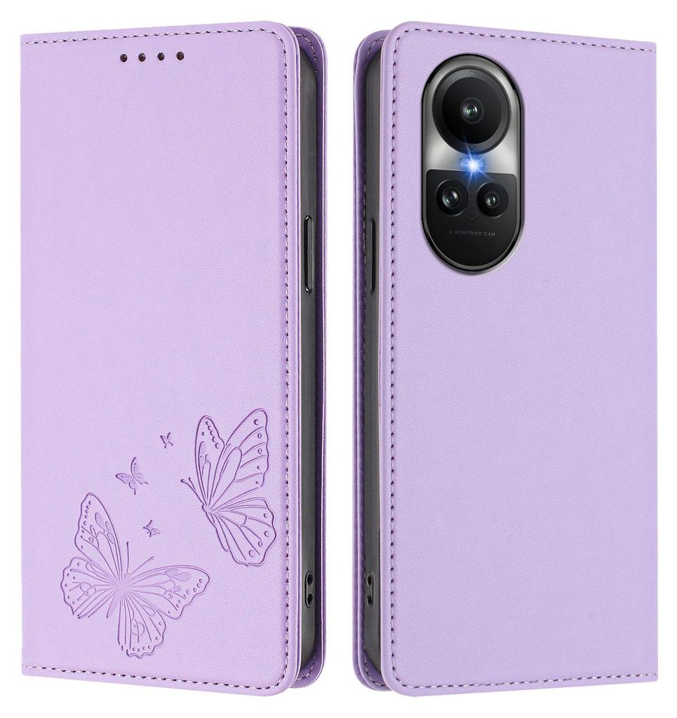 Lederhülle für Oppo Reno10 /Reno10 Pro 5G, Schmetterling Prägung Leder Brieftasche Schutzhülle mit Ständer Violett