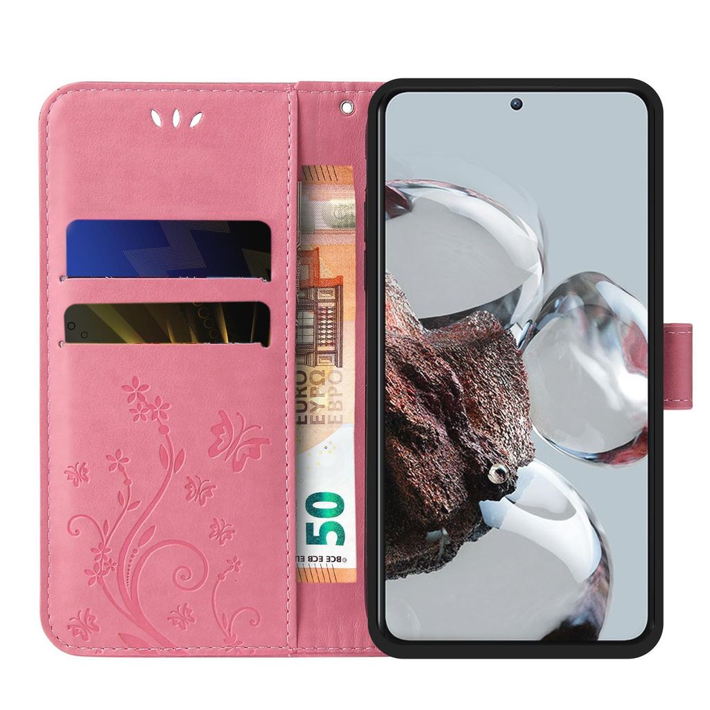 Handyhülle für Samsung Galaxy A04 Floral Blumen Schmetterling Flip Cover Hülle Case Klapphülle Handytasche Farbe: Rosegold