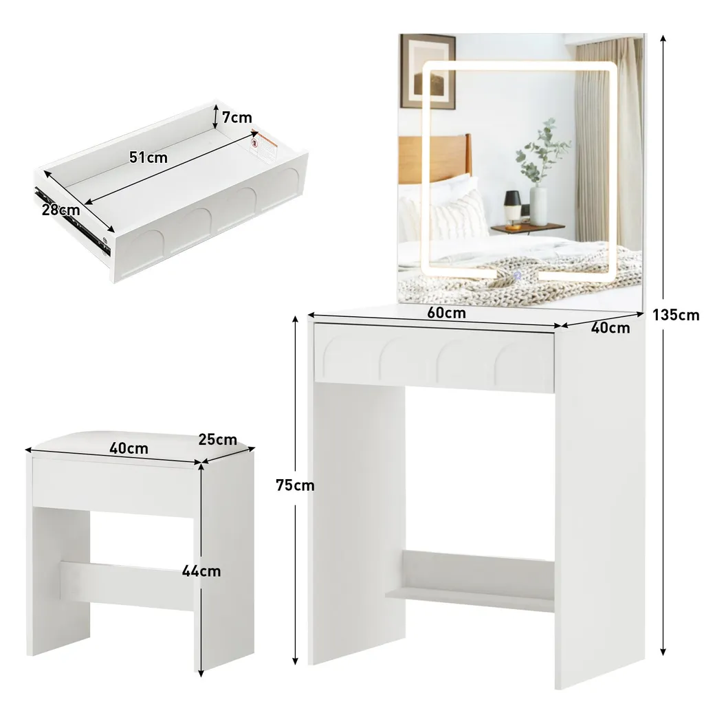 Miroir Tactile LED à Luminosité Réglable pour Coiffeuse Moderne Blanc - 2