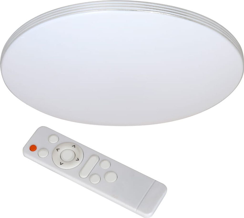 A white LED ceiling light and a white remote control are shown against a white background.