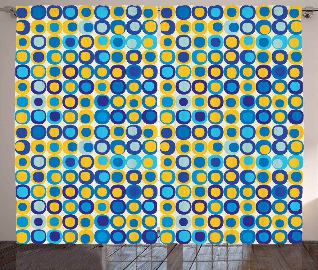 ABAKUHAUS Gelb und Blau Rustikaler Vorhang, Kreismotive, Wohnzimmer Universalband Gardinen mit Schlaufen und Haken, 280 x 175 cm, Mehrfarbig