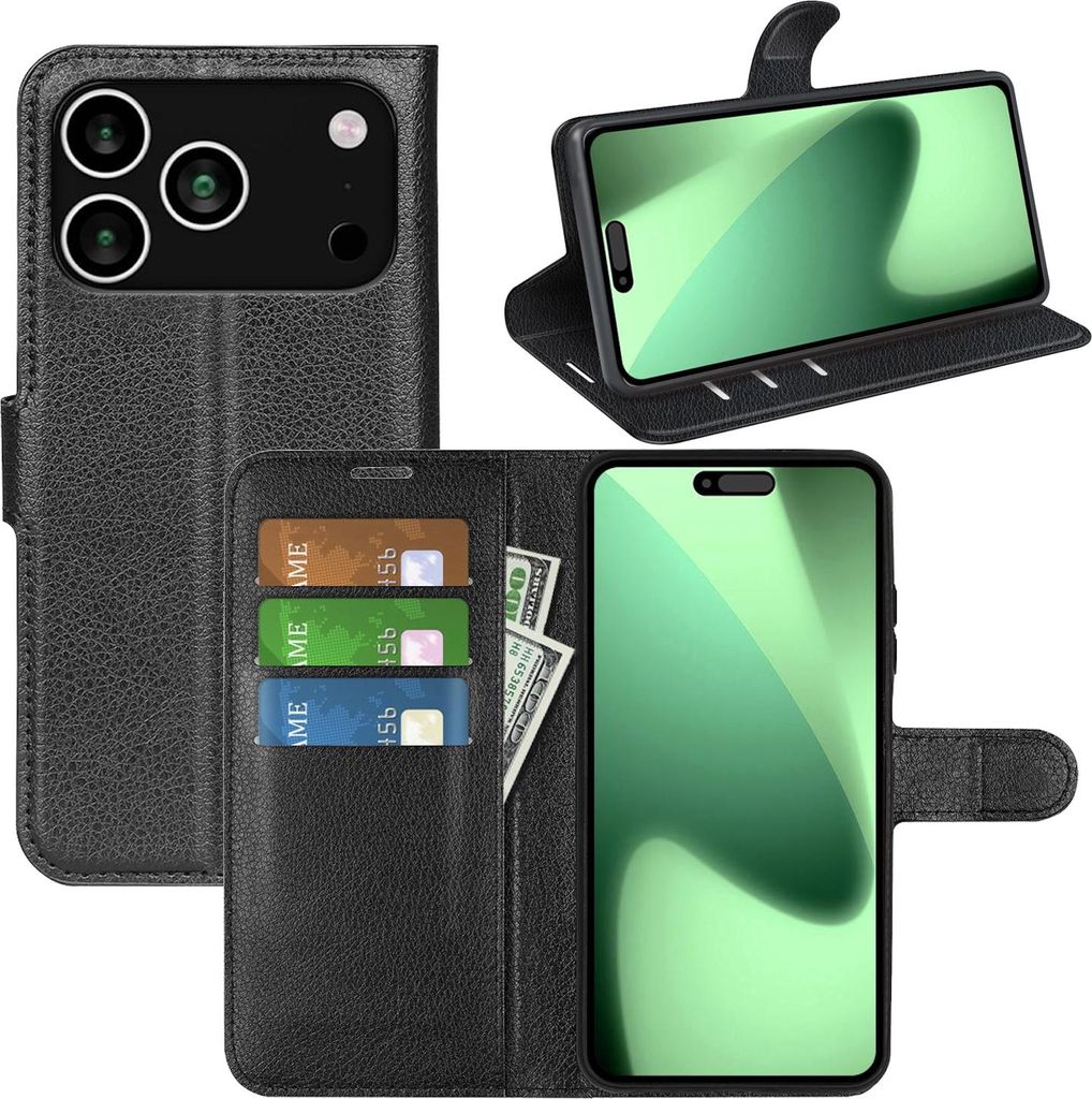 Für Apple iPhone 17 Pro Max Kunstleder Book Wallet Handy Tasche Hülle Schwarz