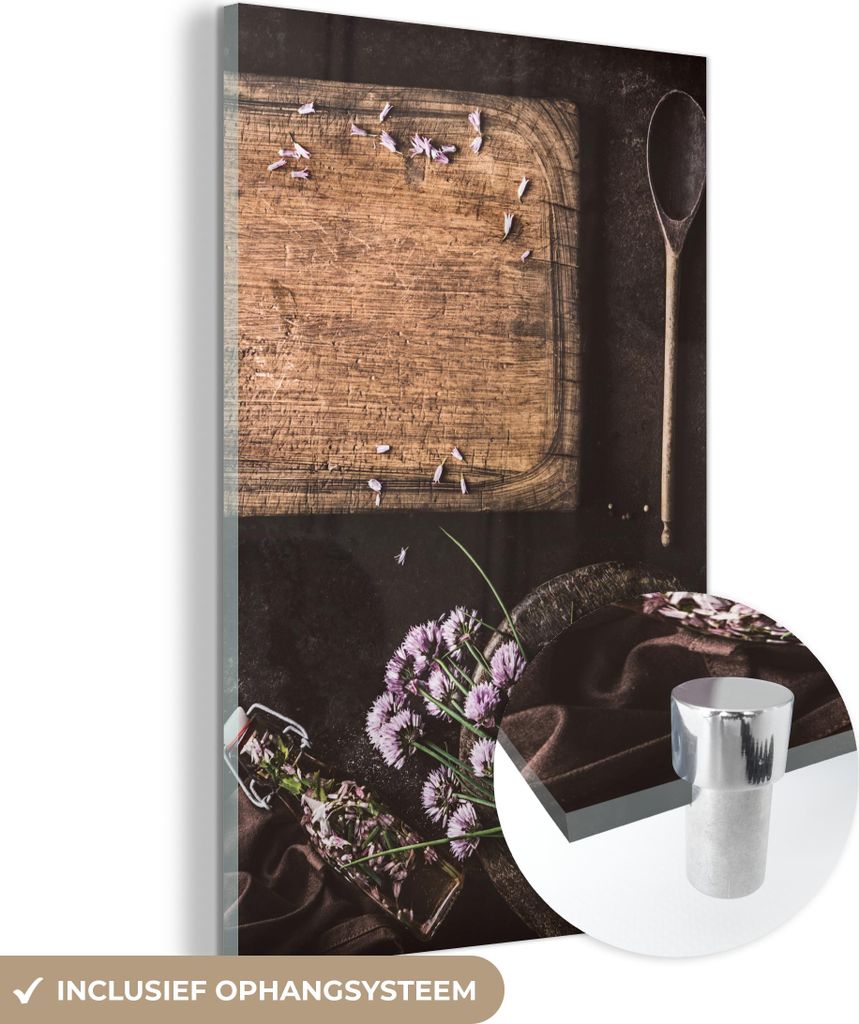 MuchoWow Glasbilder - Bilder auf Wandbild - Foto auf Glas Schneidebrett - Kräuter - Löffel - Küche - Rustikal - Mörser - Schnittlauch 60x90 cm ...