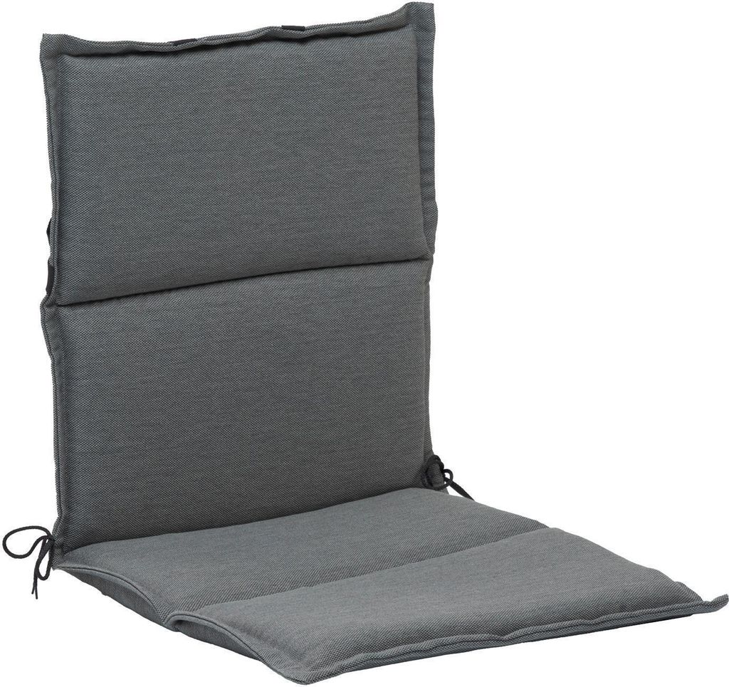 A gray chair cushion with ties for securing it.
