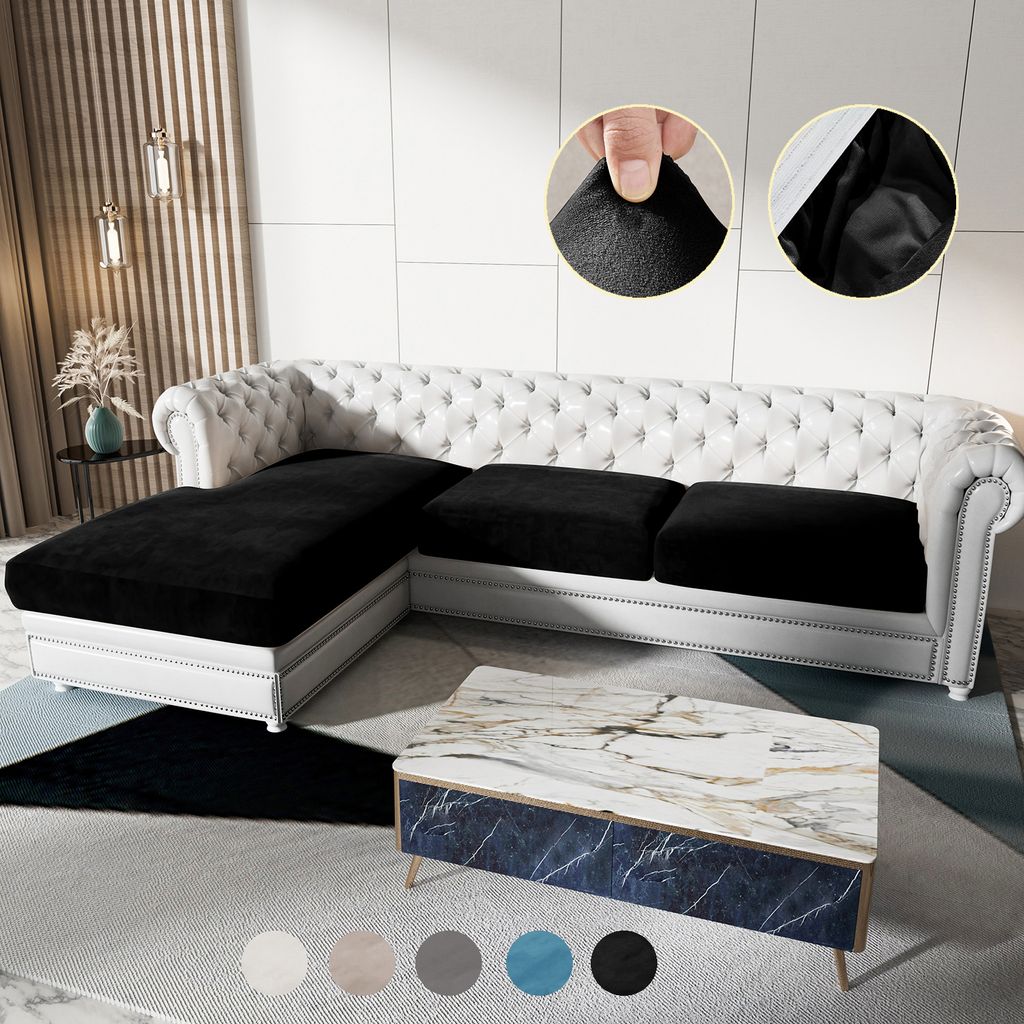 Sofa Überzug Samt für L-förmig Sofa mit 2 Einzelsitz und 1 Chaiselongue, Sofa Bezug mit Gummiband, Sitzkissen Bezug Elastisch Universal Schwarz