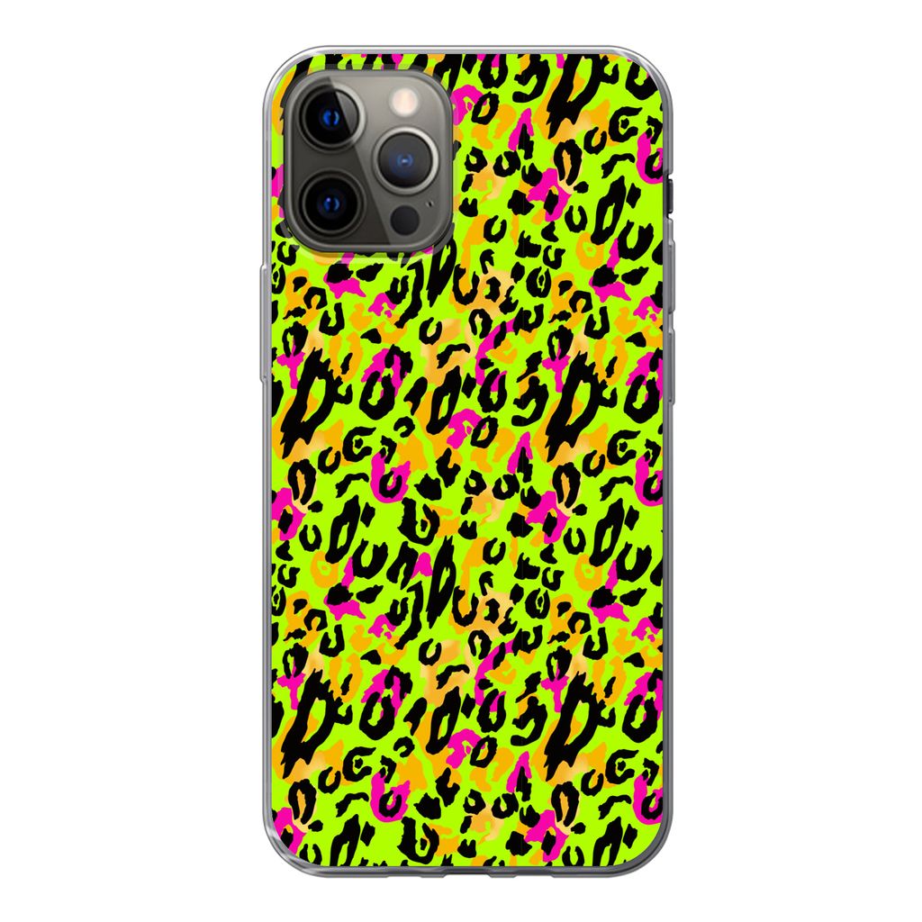 MuchoWow Handyhülle Schutzhülle Hülle für iPhone 12 Pro Tierprint - Panther - Neon - Gelb Silikon Softcase Handy Hülle - Abdeckung